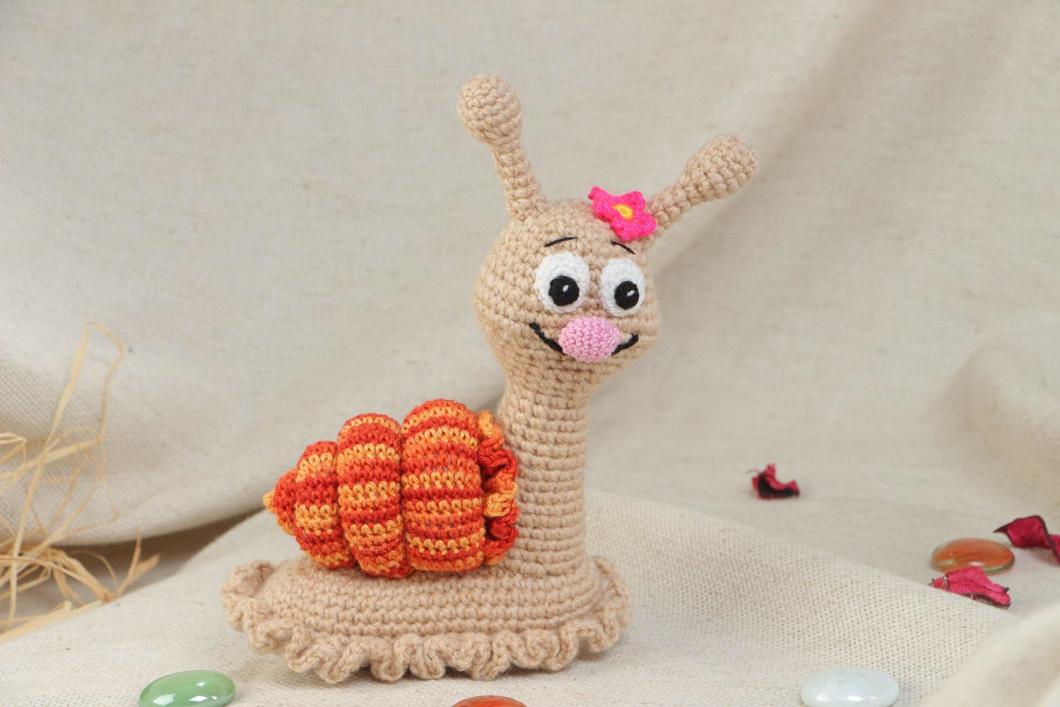 Nice children's handmade soft toy snail crochet of acrylic and cotton threads photo 1