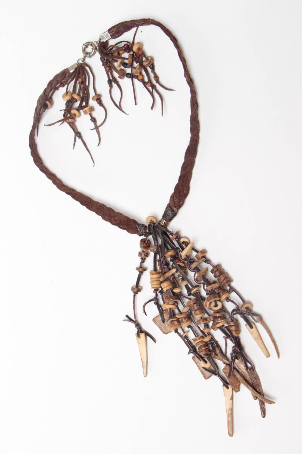 Handmade designer brown genuine leather necklace with bones and fringe photo 2
