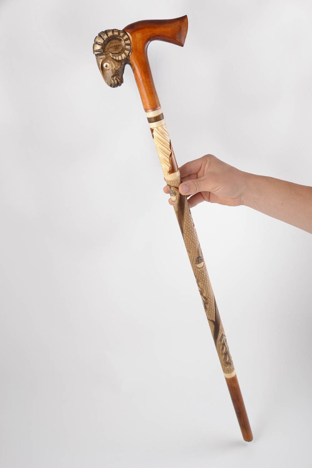 Handmade designer beautiful varnished carved wooden walking cane for men Sheep photo 5