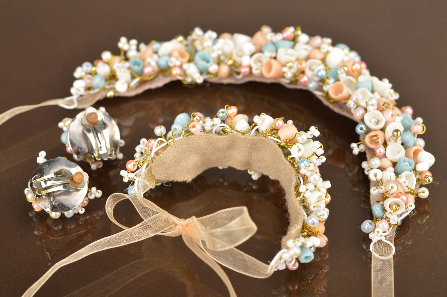 Ensemble de collier boucles d'oreilles et bracelet en pâte polymère Fleurs  photo 4