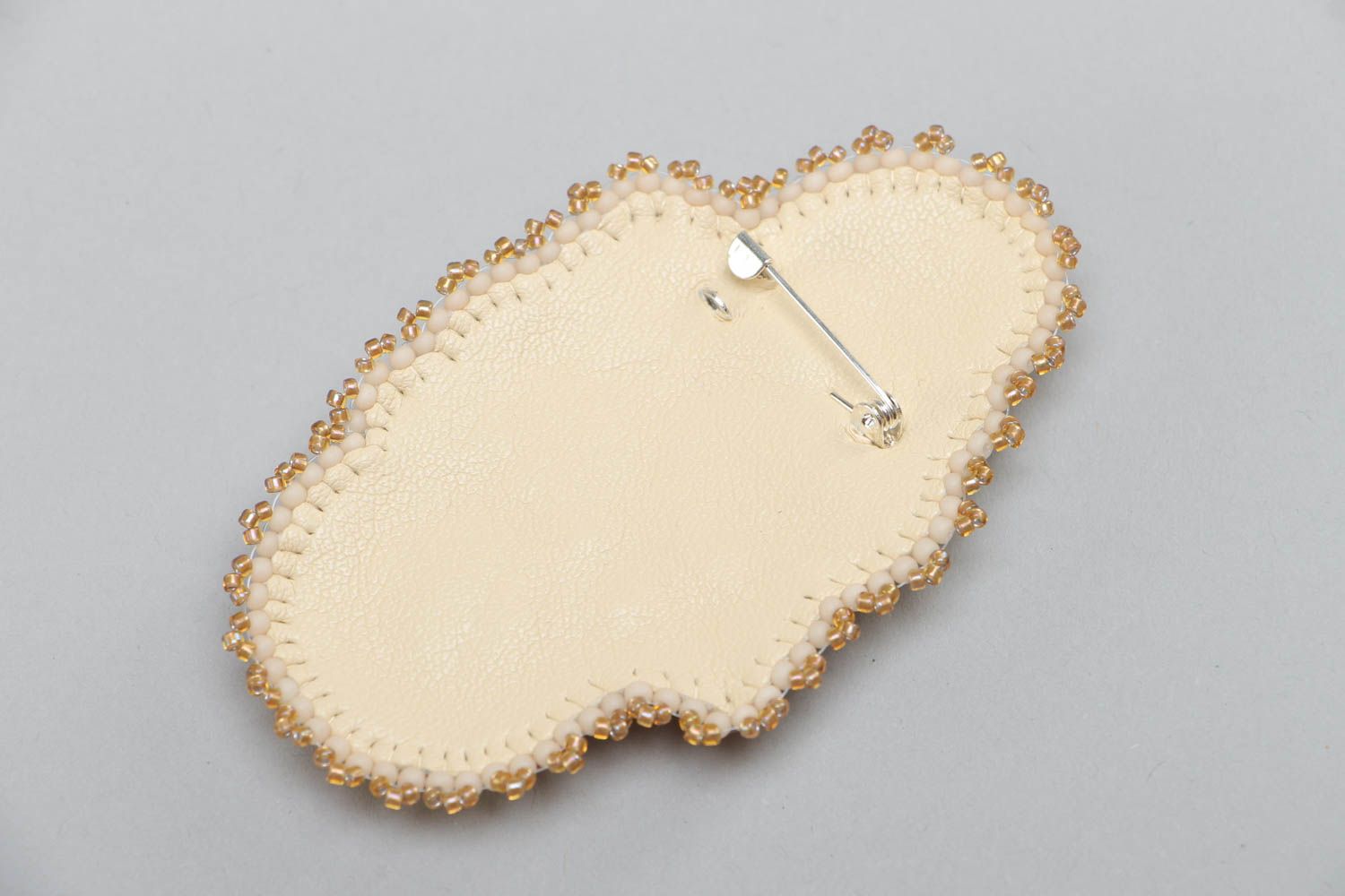 Handmade brooch embroidered with beads and crystals in golden color palette photo 3