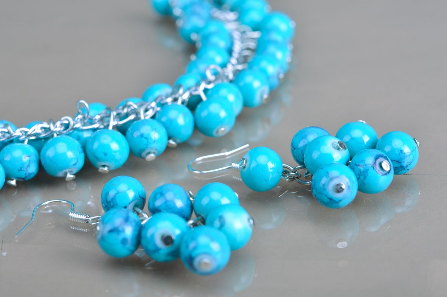 Handmade ceramic bead jewelry set 2 items blue earrings and necklace photo 4