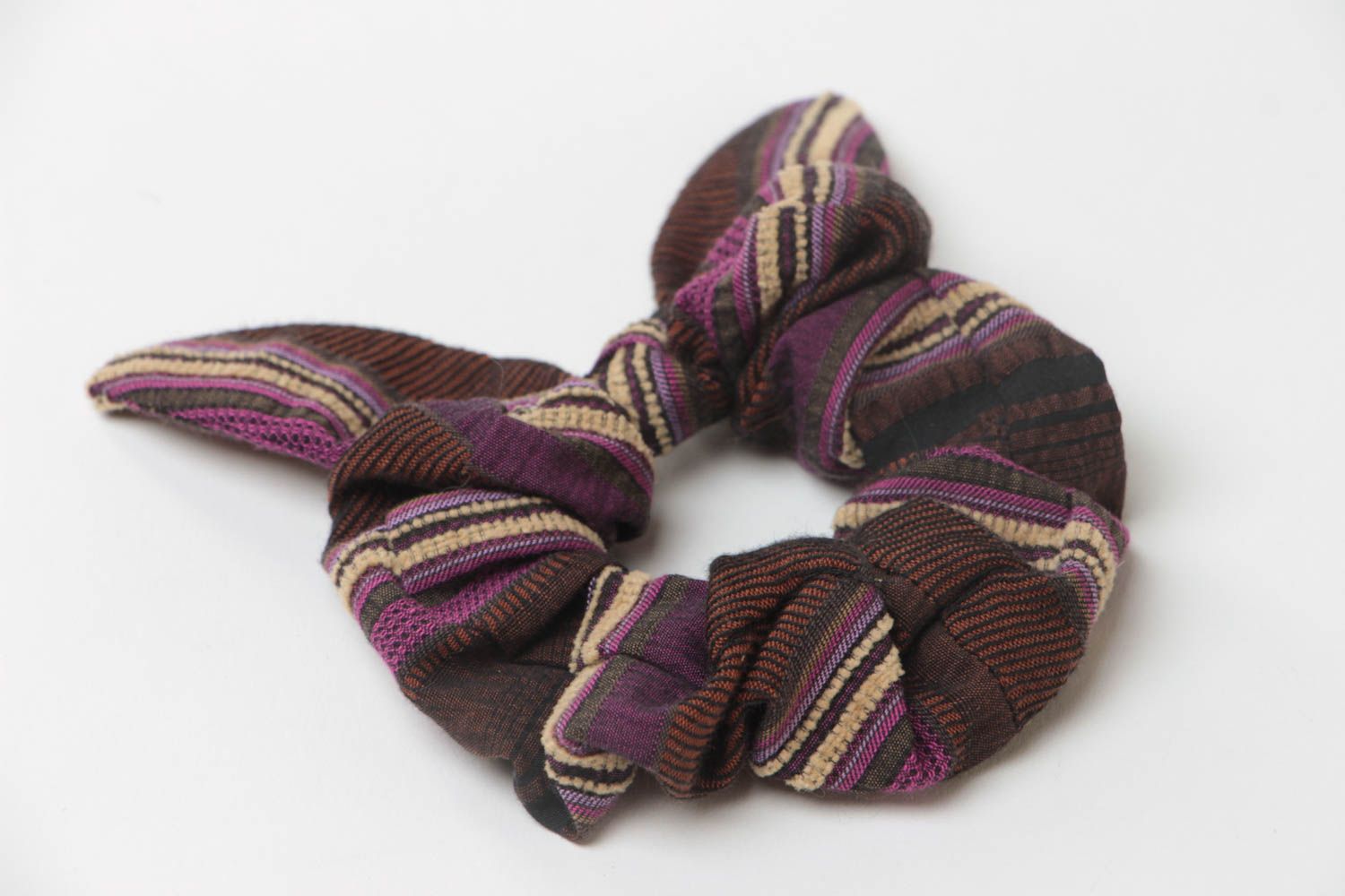 Handmade decorative striped fabric hair band in brown color palette with bow photo 4