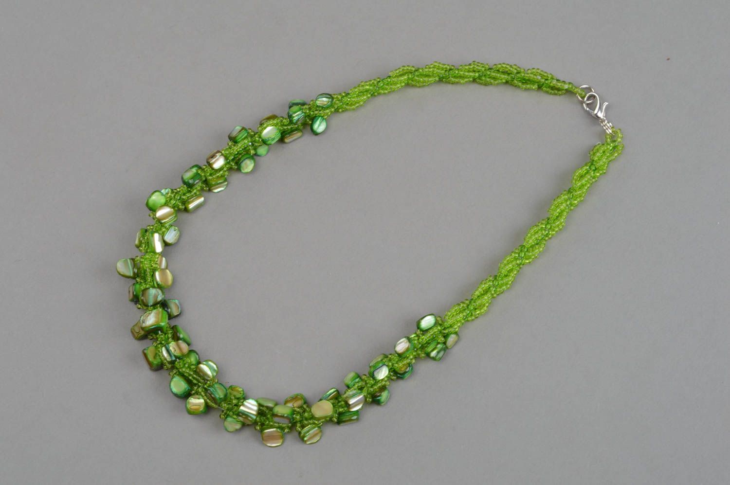 Green necklace with mother of pearl and handmade beaded designer accessory photo 4