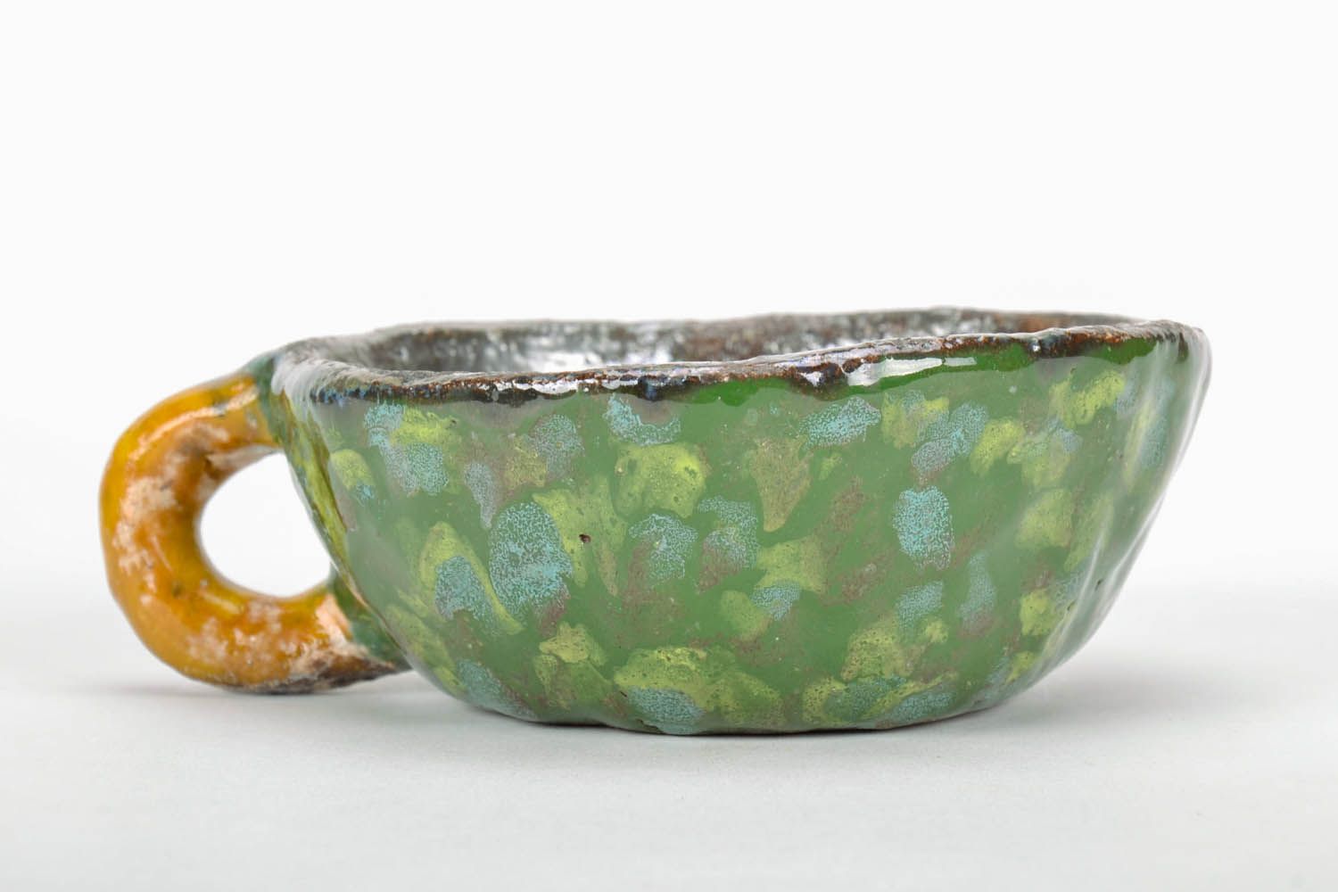 Hand-molded green color clay glazed coffee cup with handle photo 2