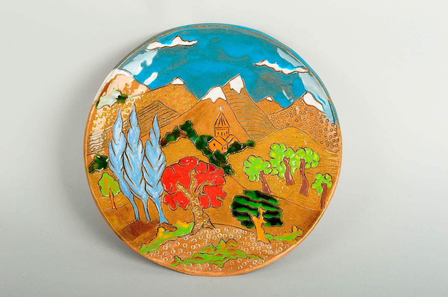 Керамическая тарелка хэнд мэйд глиняная посуда расписная тарелка Горный пейзаж фото 1
