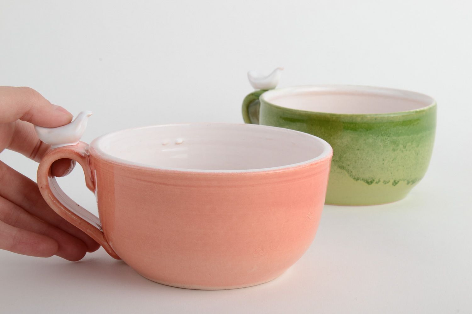 Tasses à thé céramiques faites main 2 pièces originales verte et rose peintes photo 5
