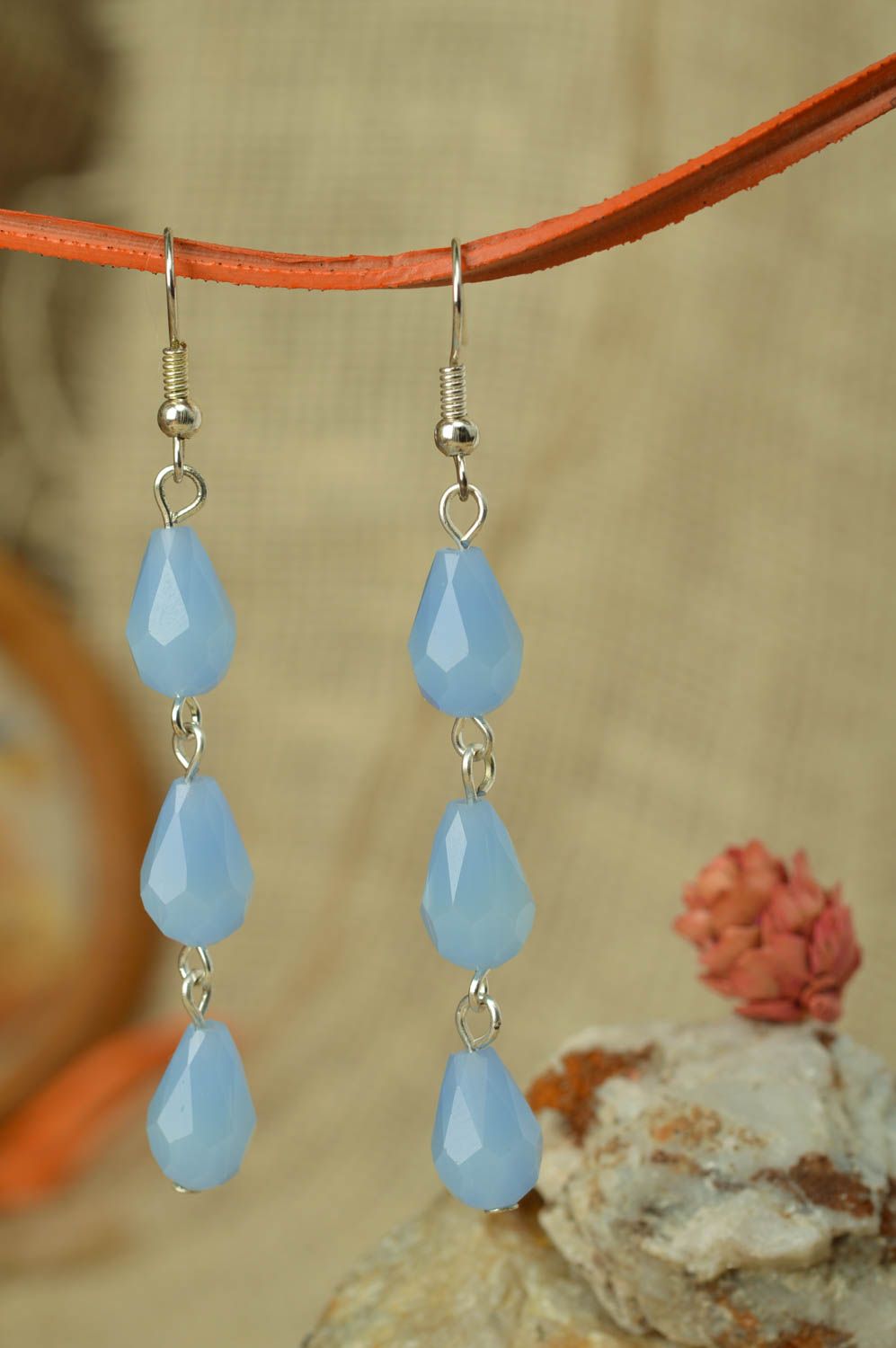Designer handmade long dangle earrings with crystals in blue color palette photo 1