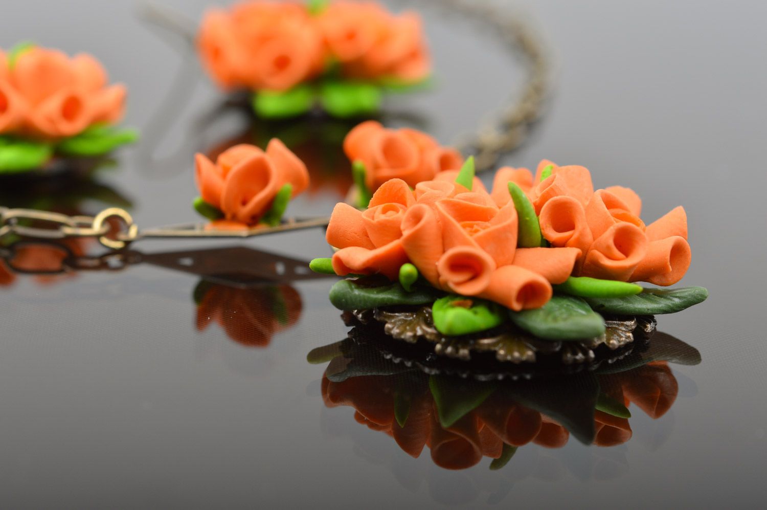 Handgemachtes Schmuckset aus Ton mit Blumen Ohrringe und Anhänger für Frauen 2 Stück  foto 1