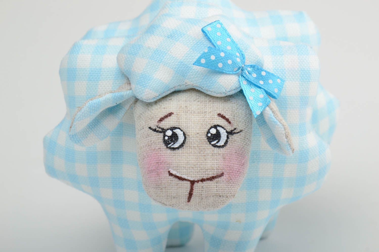 Handmade small checkered linen fabric soft toy blue lamb painted with acrylics photo 3