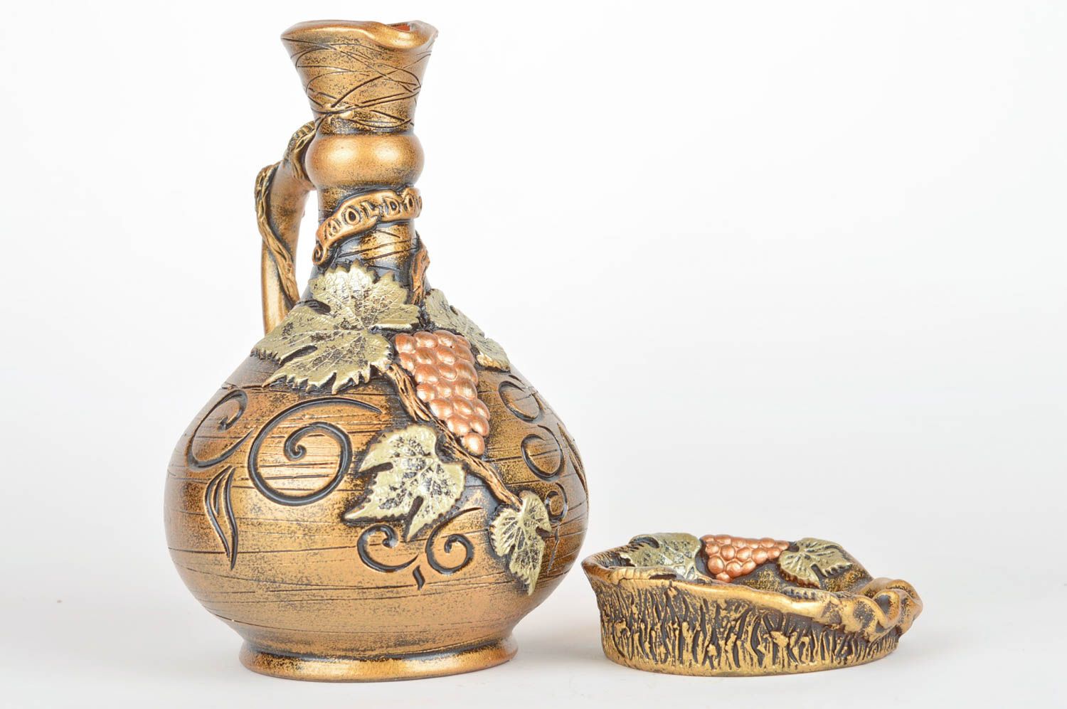 Juego de cerámica botella de arcilla y cenicero artesanales marrones regalo  foto 2