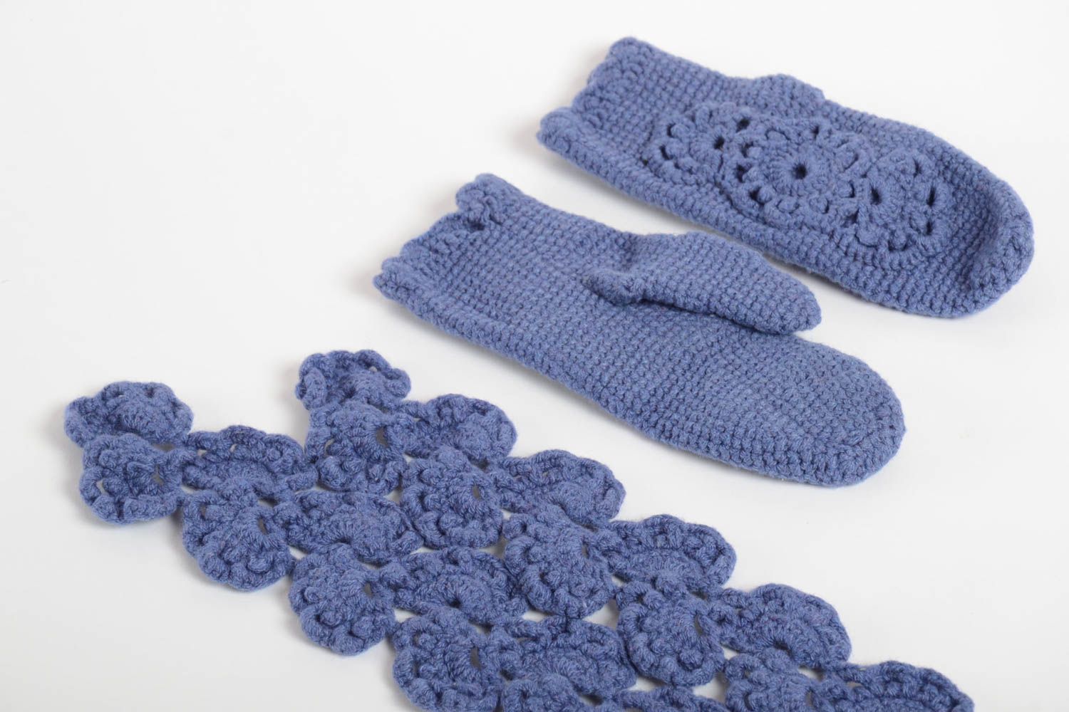 Handmade winter set stylish warm scarf and mittens blue openwork clothes photo 5