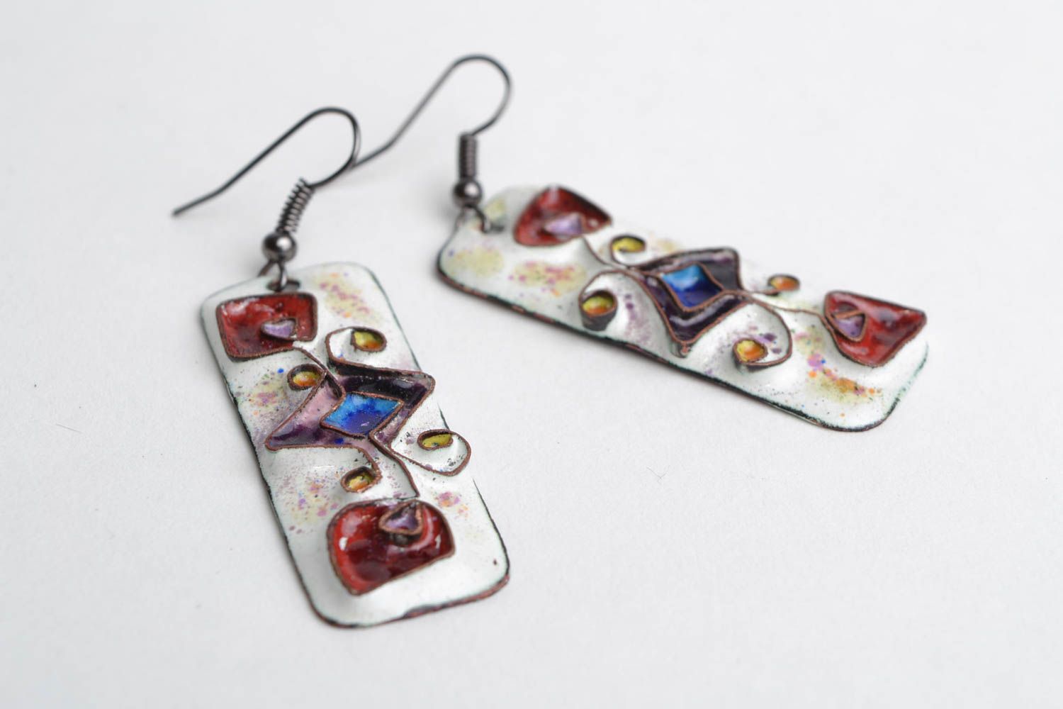 Handmade designer enameled copper dangling earrings of rectangular shape  photo 3