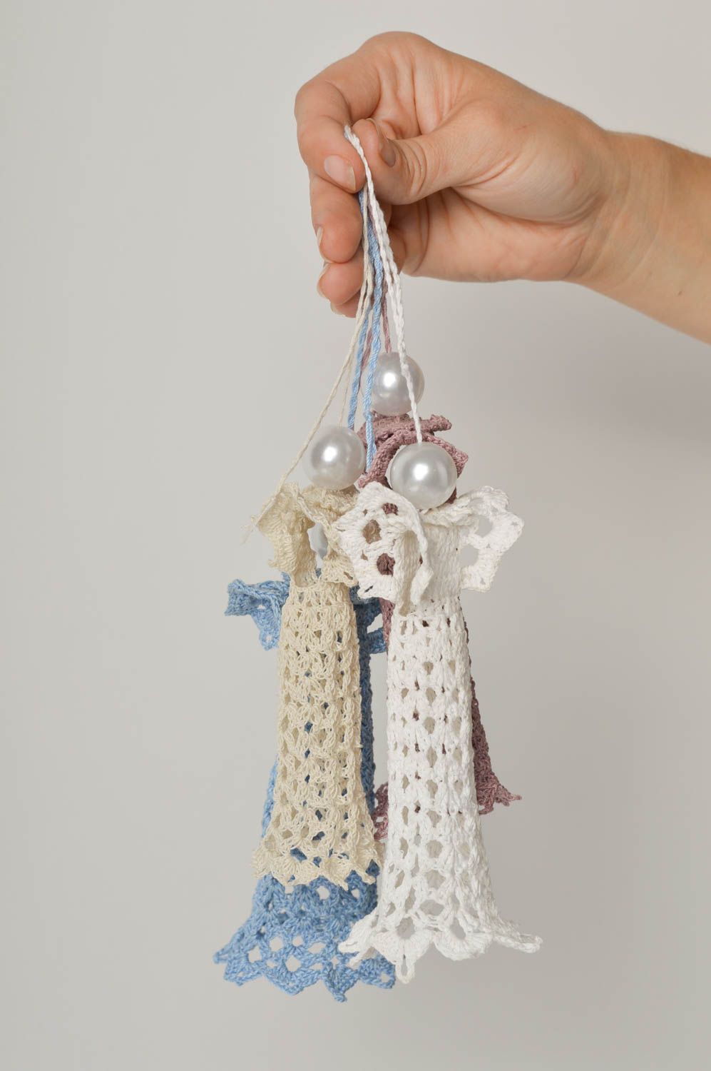 Handmade pendant for wall decor ideas 4 items crocheted angel Christmas toy photo 5