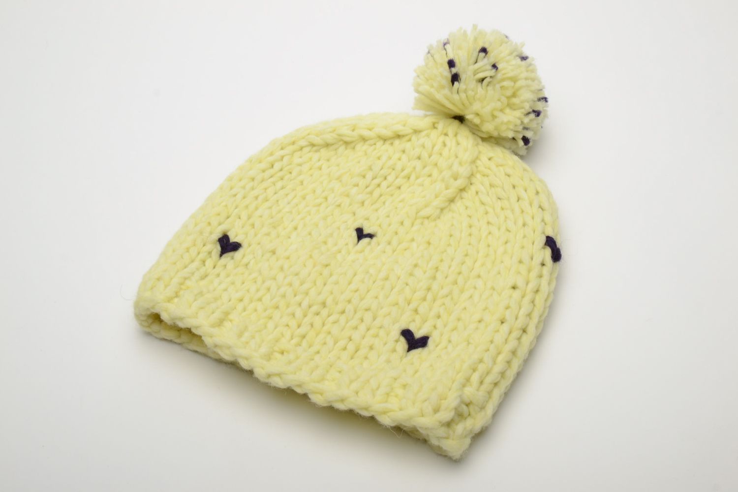 Yellow crochet wool hat with pompon photo 3