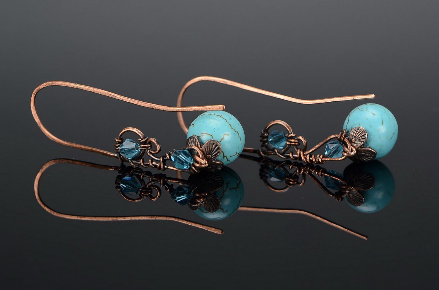Copper earrings with turquoise, wire wrap photo 3