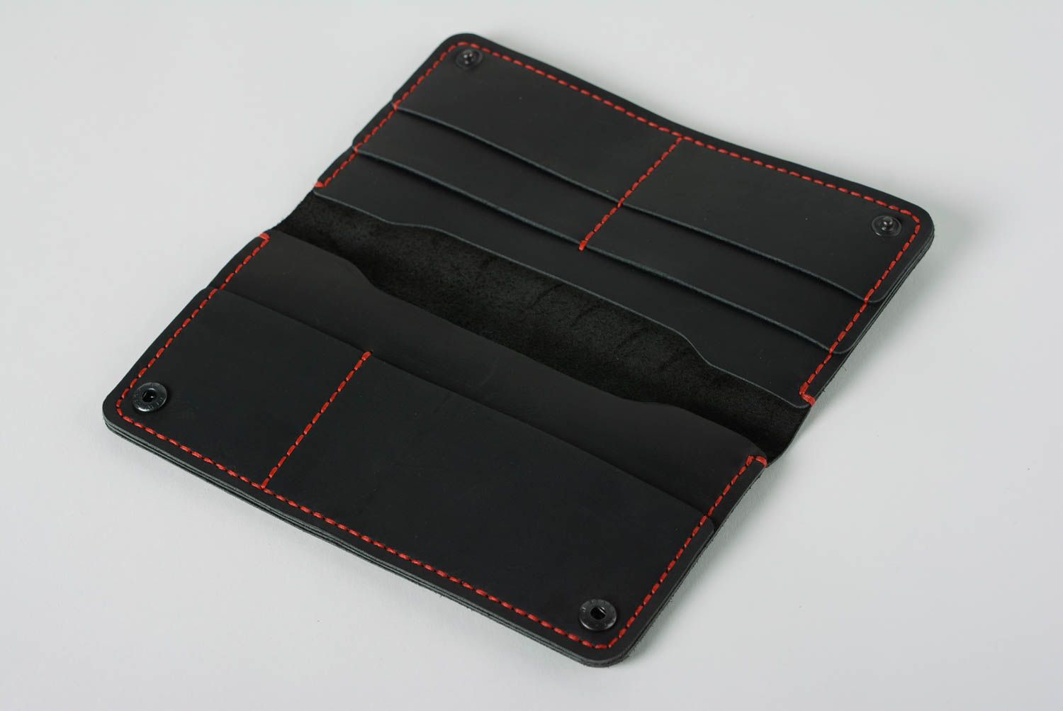 Handmade designer large black genuine leather wallet stitched with red threads photo 4