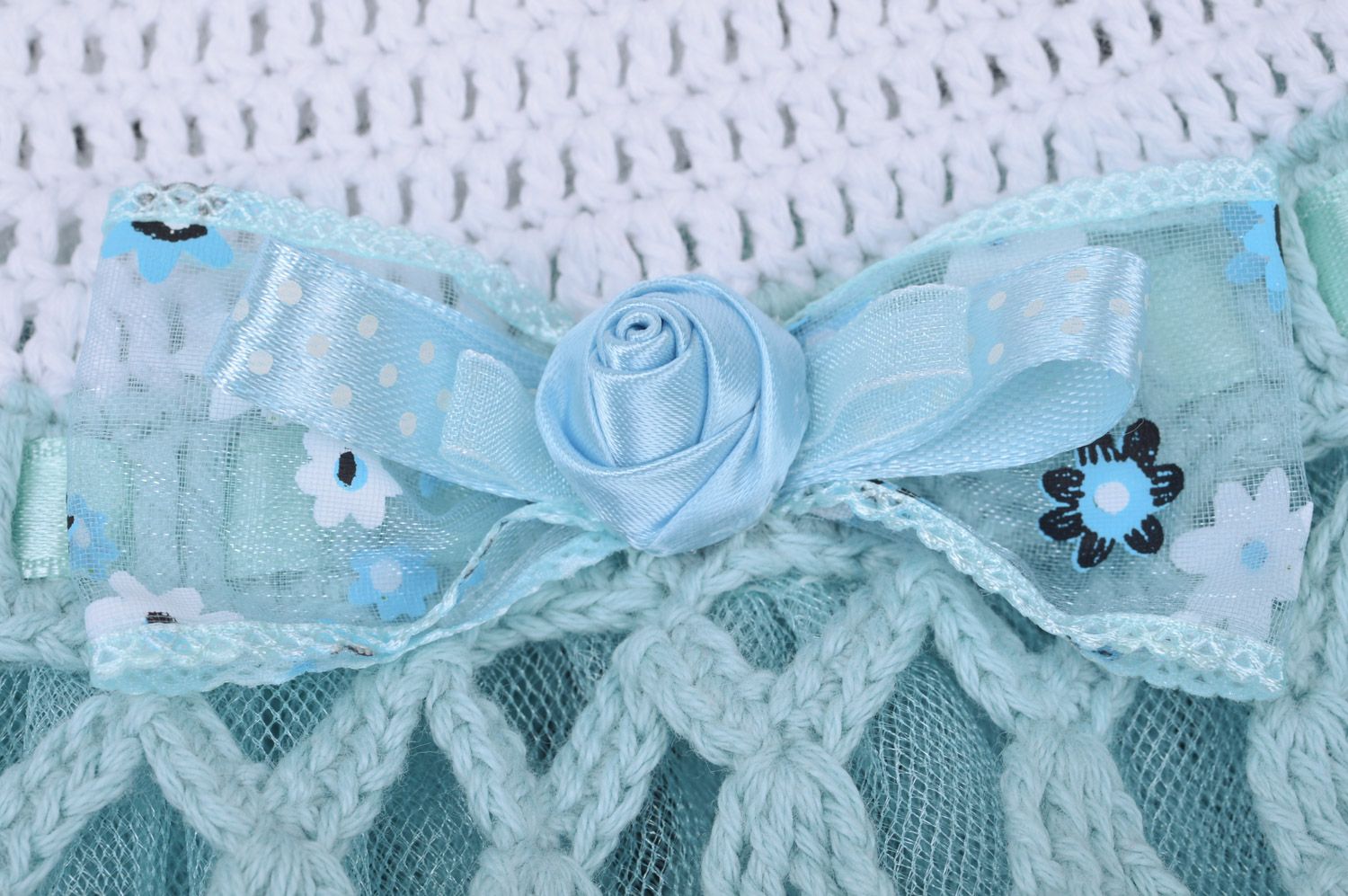 Robe bleue pour fille tricotée en coton au crochet ajourée avec noeud faite main photo 4