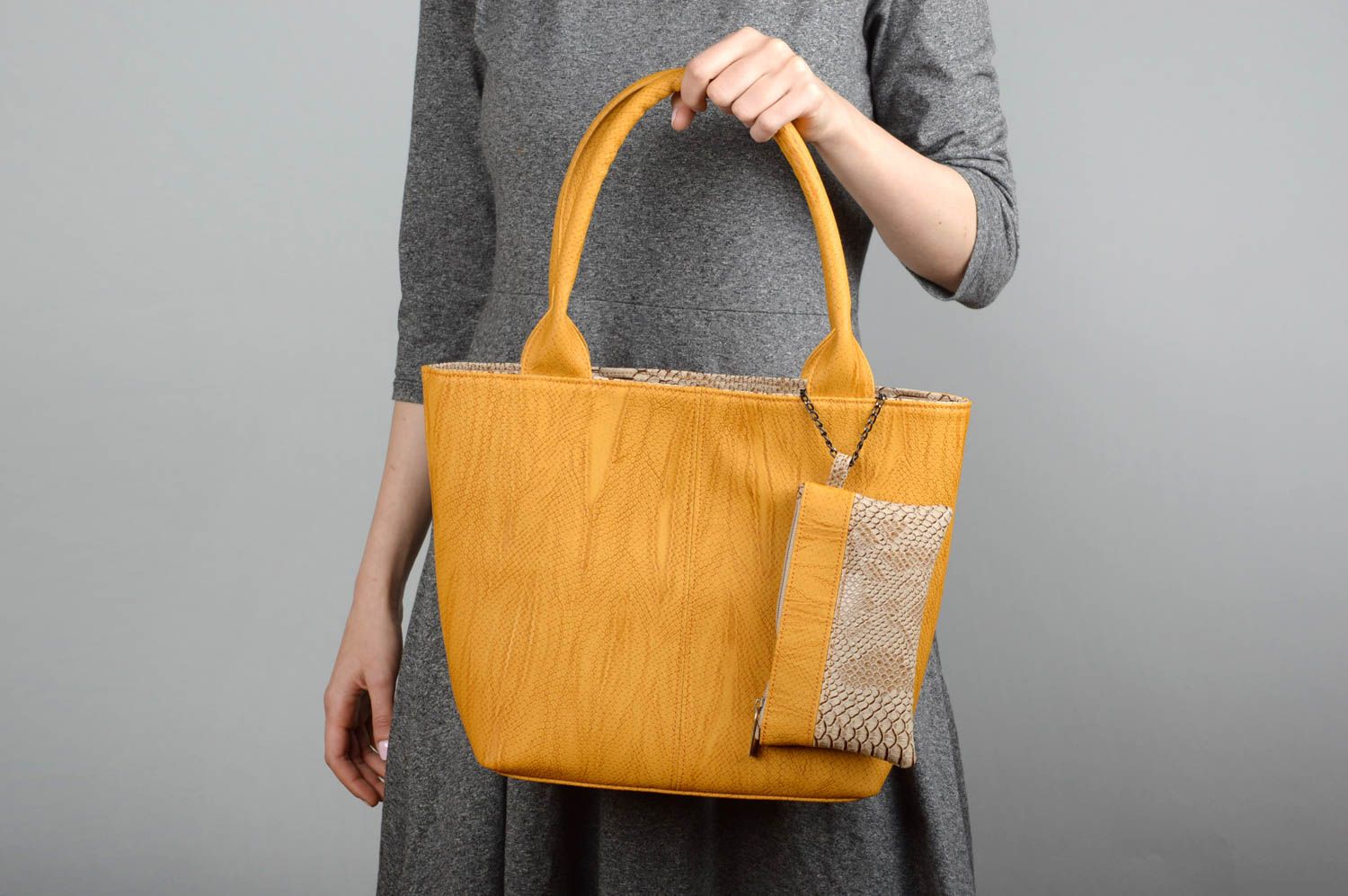 Handmade leatherette bag with purse yellow bag business style bag bag for women photo 1
