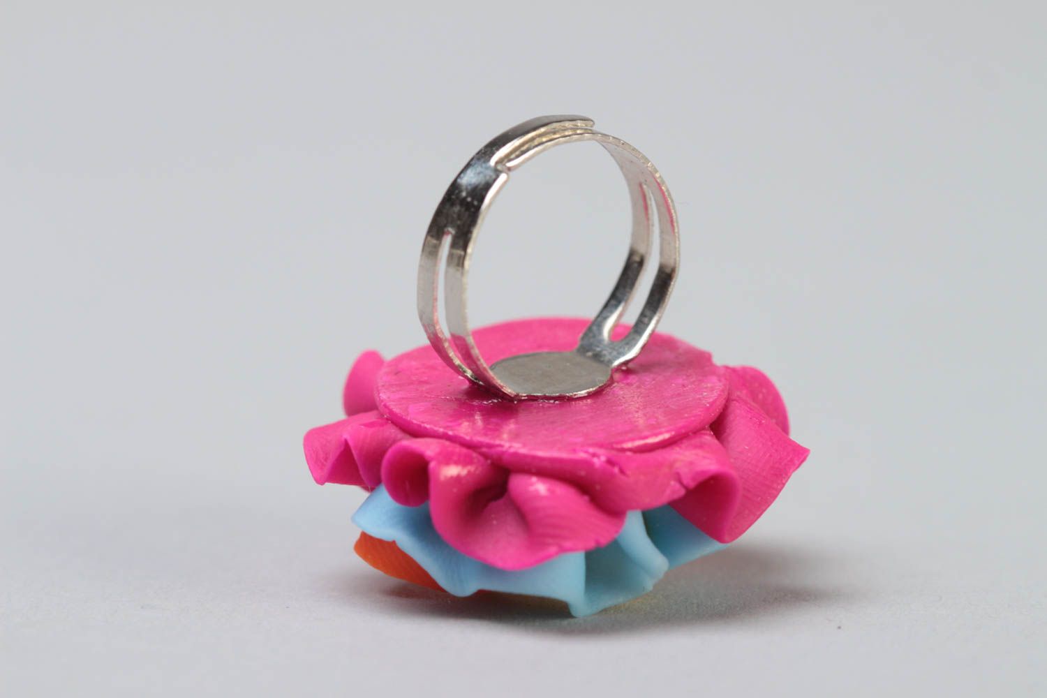 Handmade designer polymer clay jewelry ring with volume flower and metal basis photo 4