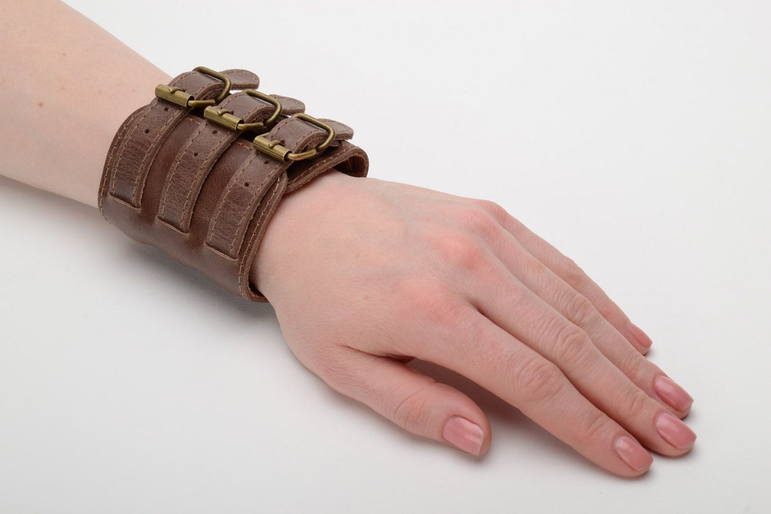 Handmade wide genuine leather bracelet of brown color with three buckles  photo 2