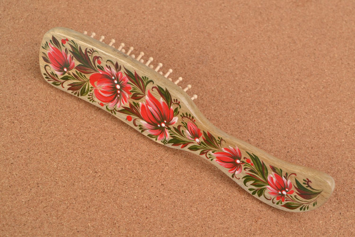 Beautiful handmade wooden hairbrush with Petrikov painting photo 5