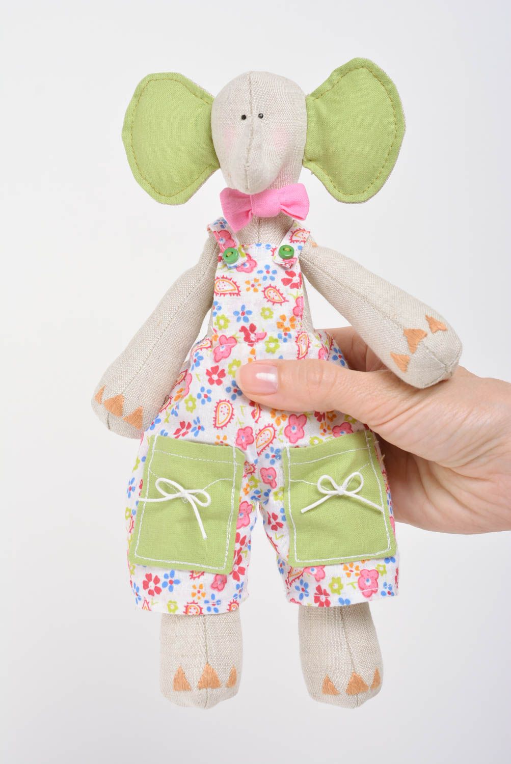 Мягкая игрушка ручной работы слоник в цветочном костюме из льна и хлопка фото 4