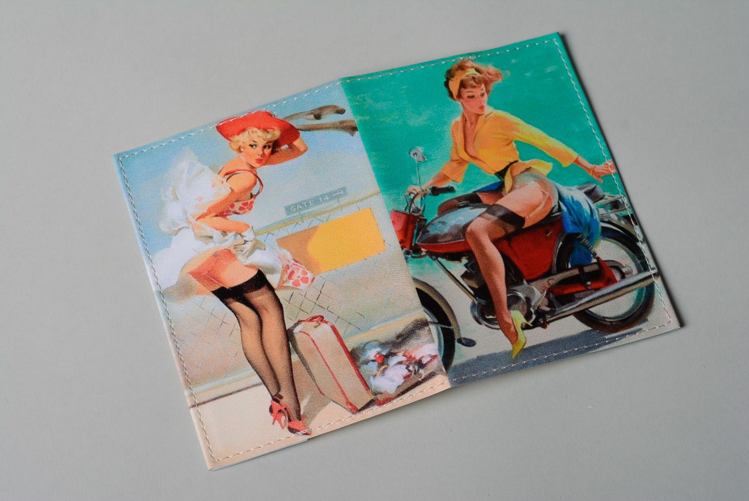 Handmade leather passport cover with print in pin up style photo 2