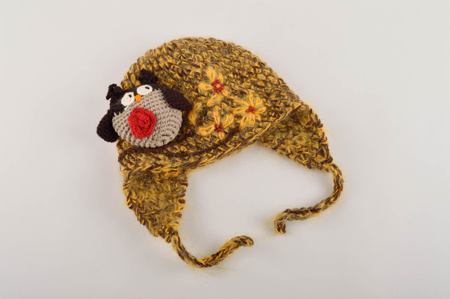 Шапка ручной работы головной убор для детей шапка с ушками украшенная совой фото 2