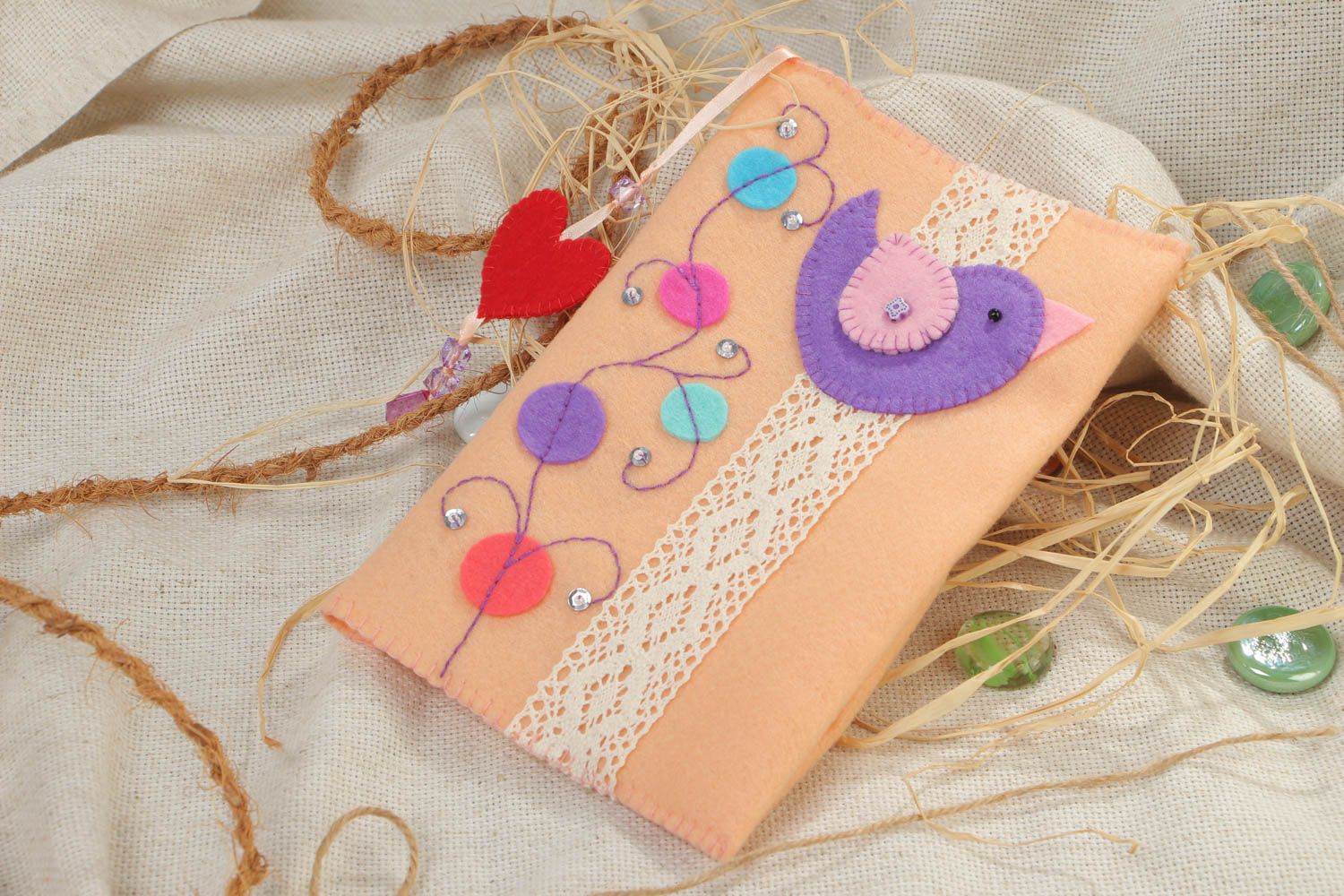 Handmade soft felt notebook cover with bird image in light color palette for girl photo 1