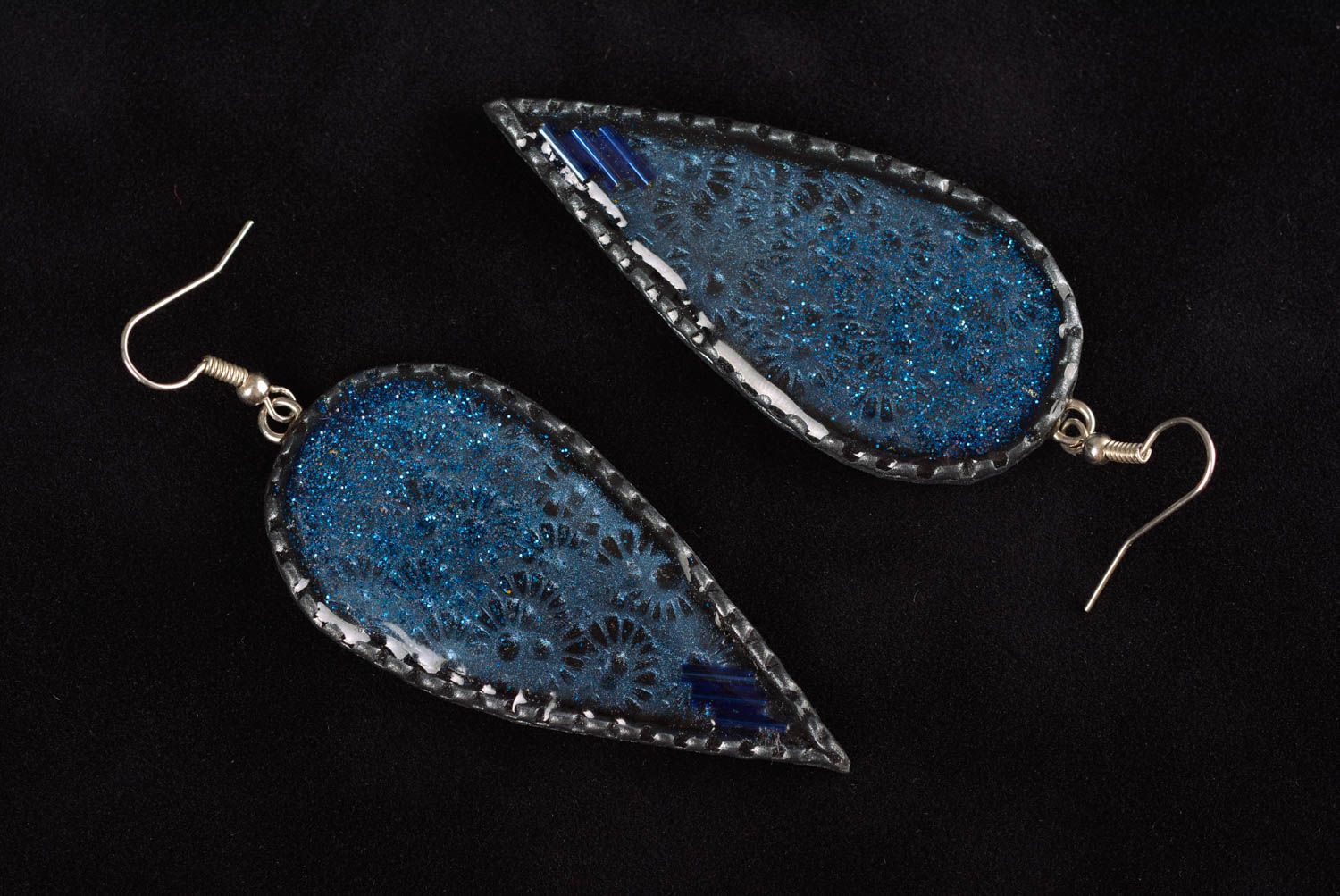 Handmade dark blue long dangle polymer clay earrings coated with epoxy resin photo 4
