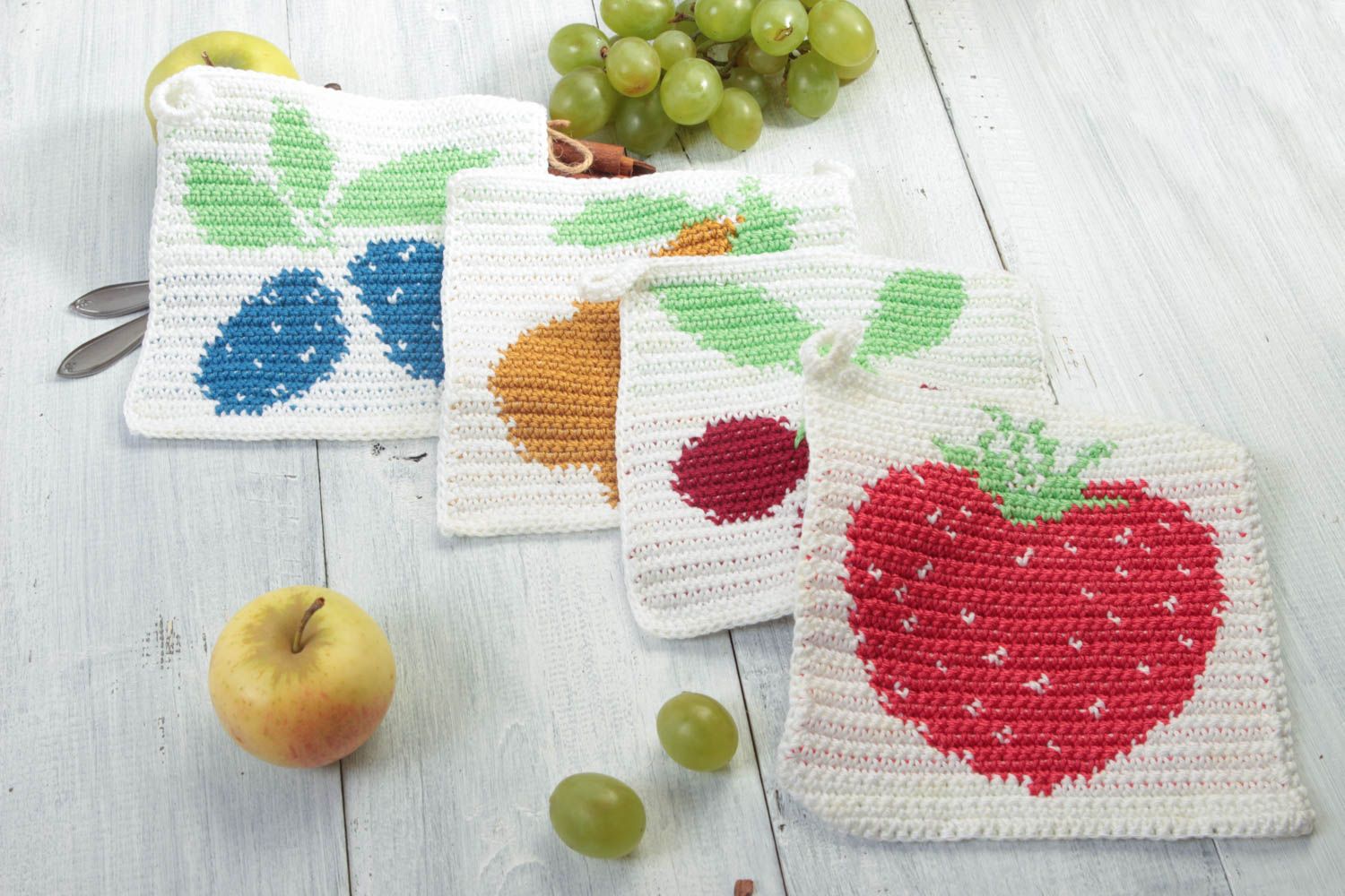Handmade Topflappen gehäkelt Küchen Textilien Haus Deko Set 4 Stück Obst  foto 1