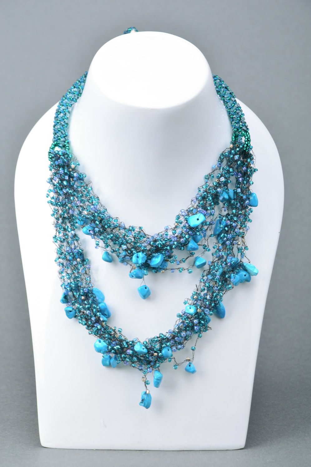 Stylish handmade women's airy beaded necklace with turquoise stone in blue color palette photo 1