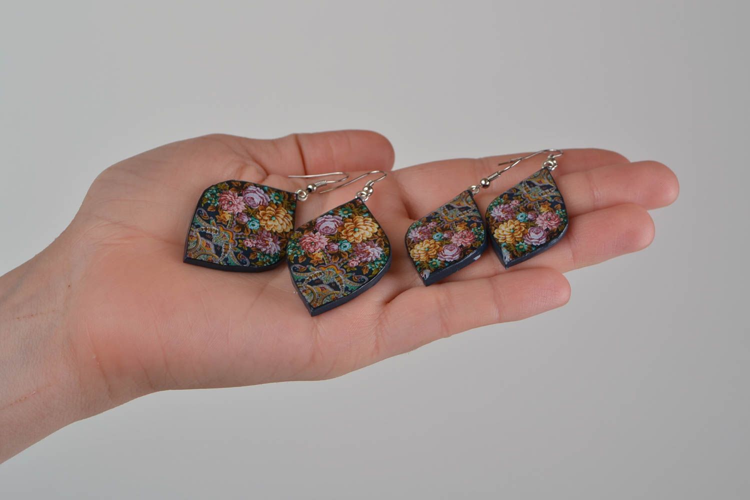Beautiful handmade designer polymer clay dangle earrings with decoupage 2 pieces photo 2