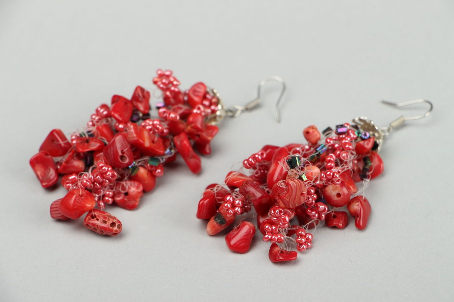 Handmade designer earrings woven of Czech beads and coral pieces photo 3