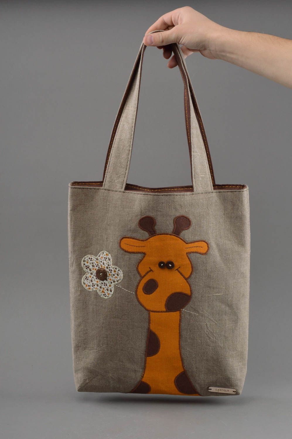 Handmade designer linen bag with two handles gray with giraffe image photo 4