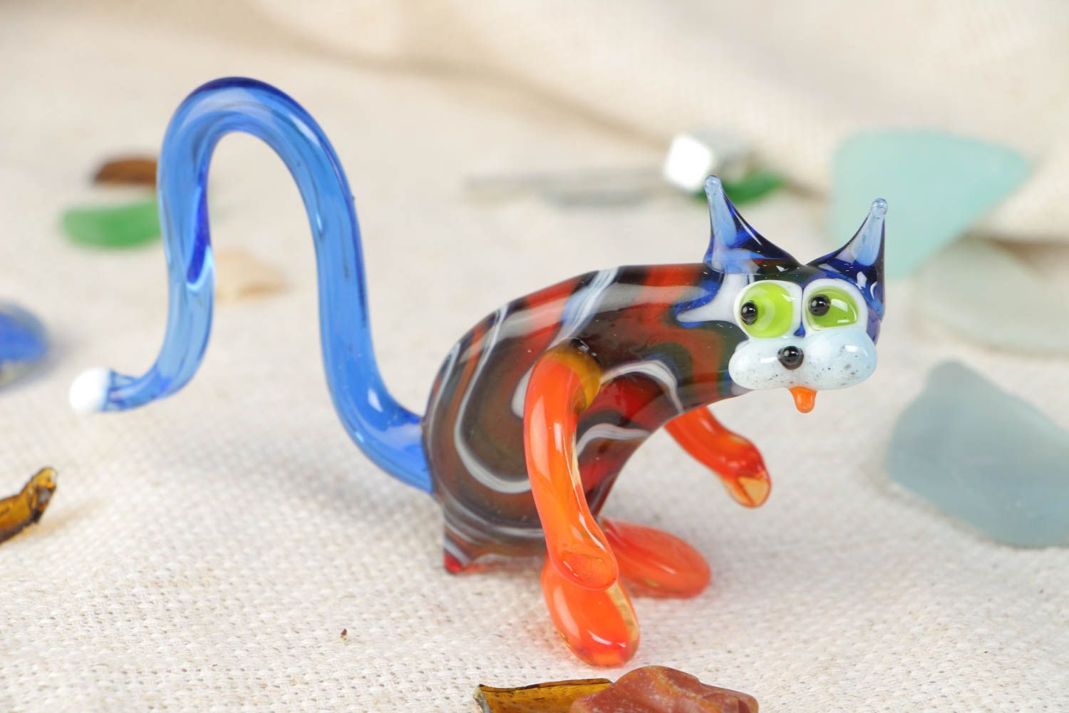 Figurine chat en verre au chalumeau faite main originale bleu-orange design photo 1
