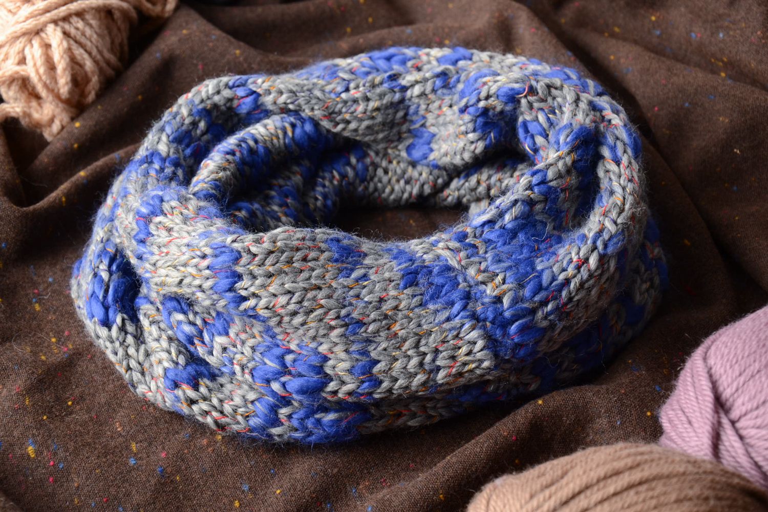 Теплый шарф снуд серо-синий фото 2