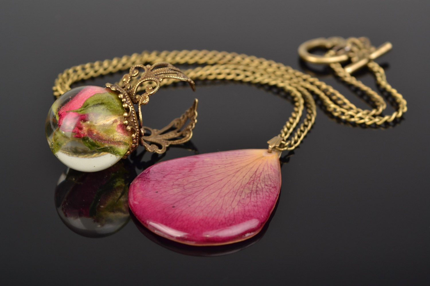 Handmade botanical jewelry set pendant and ring with real flowers coated with epoxy photo 1