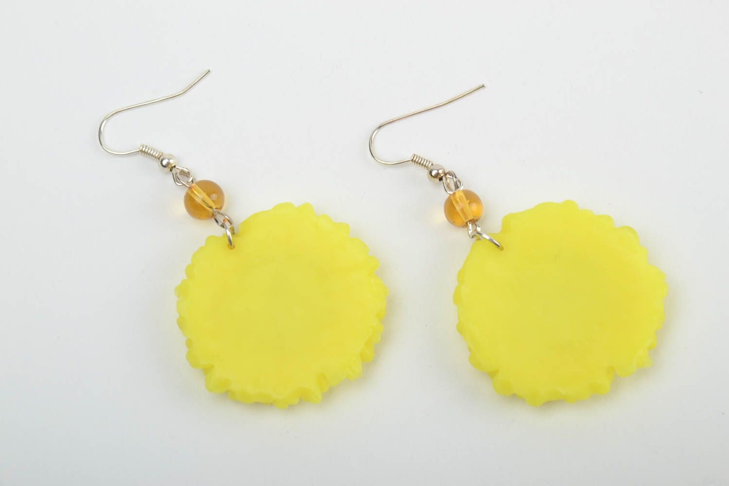 Handmade floral yellow and black polymer clay dangling earrings Sunflowers photo 5