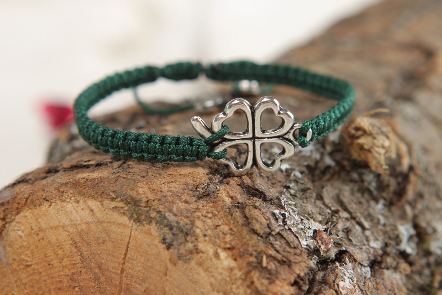 Handmade friendship bracelet woven of green threads with metal insert for women photo 4