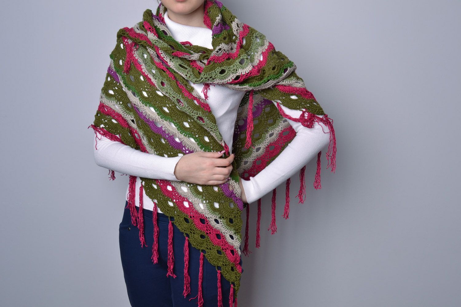 Handmade bright women's shawl crocheted of semi-woolen threads with fringe  photo 1