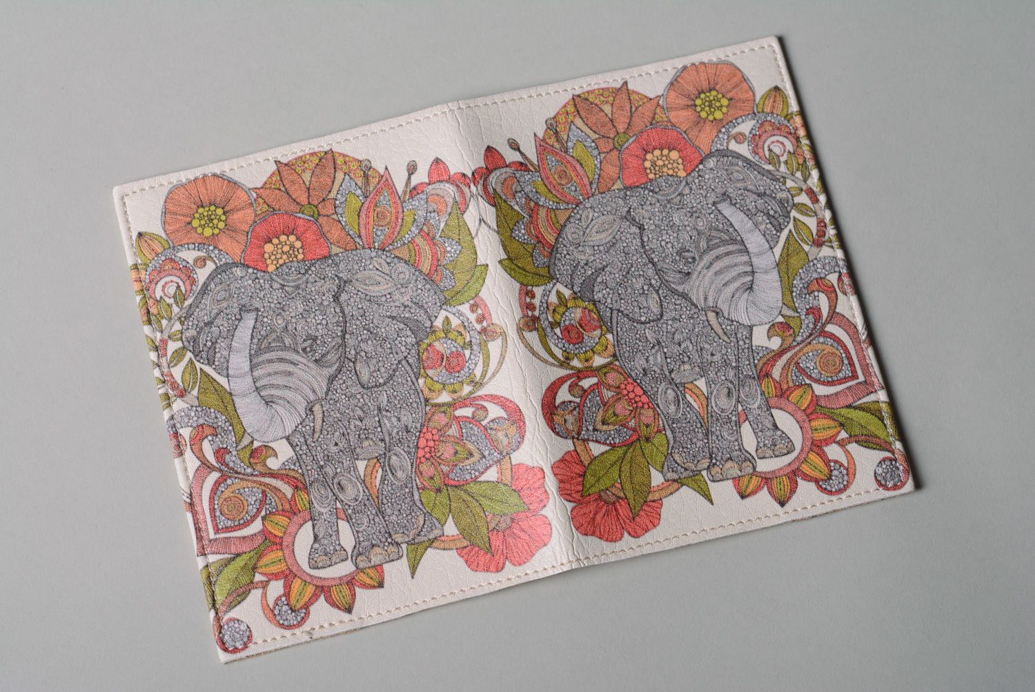 Protège-passeport en cuir naturel fait main avec imprimé avec éléphant d'Asie photo 2