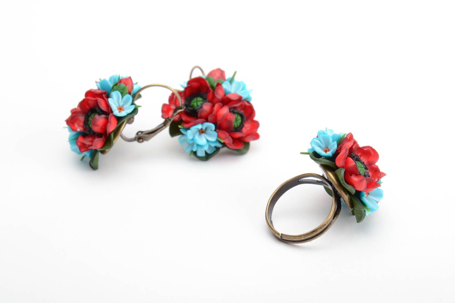 Set of handmade jewelry earrings and ring with polymer clay flowers 2 items photo 4