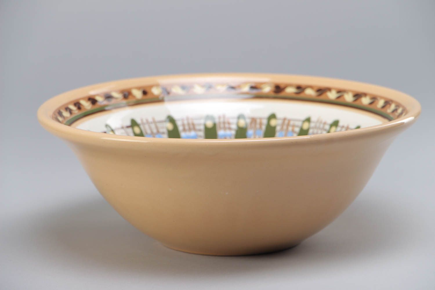 Handmade decorative richly ornamented ceramic bowl coated with glaze for 1.3 l photo 2