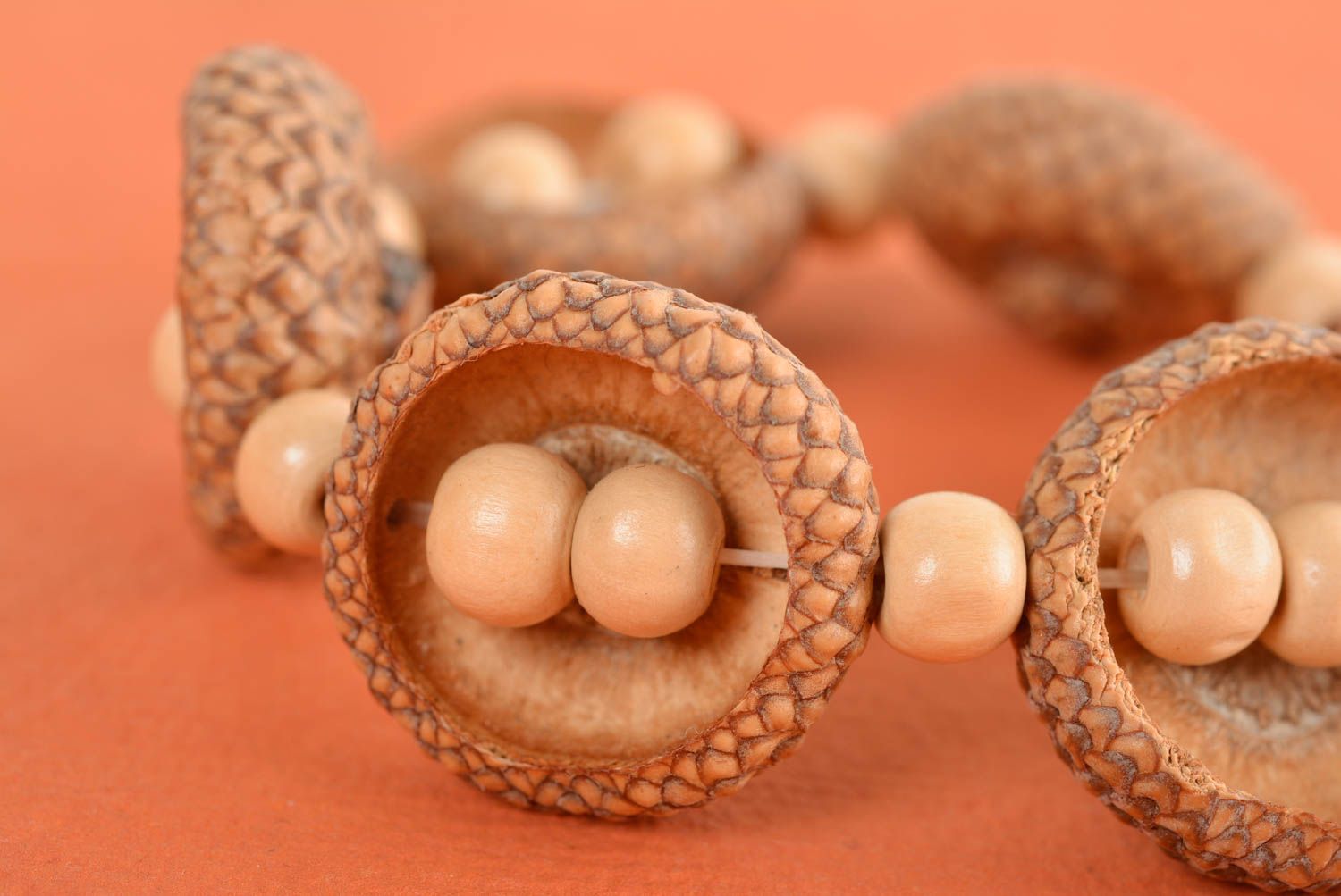 Bracelet with wooden beads and acorns handmade accessory in eco-style photo 5