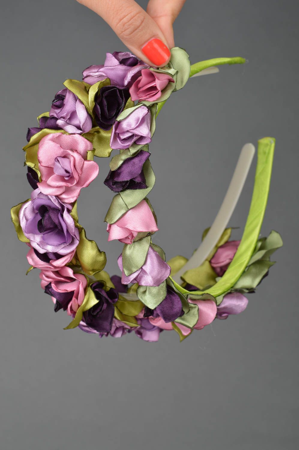 Set of 2 handmade decorative designer headbands with violet kanzashi flowers  photo 3