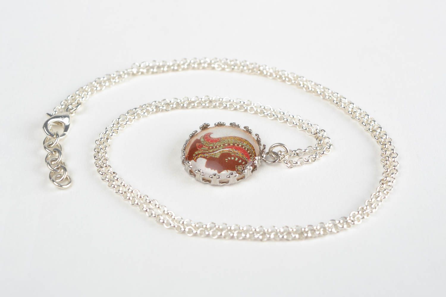 Handmade designer round glass pendant on metal chain with Virgo Zodiac sign photo 1