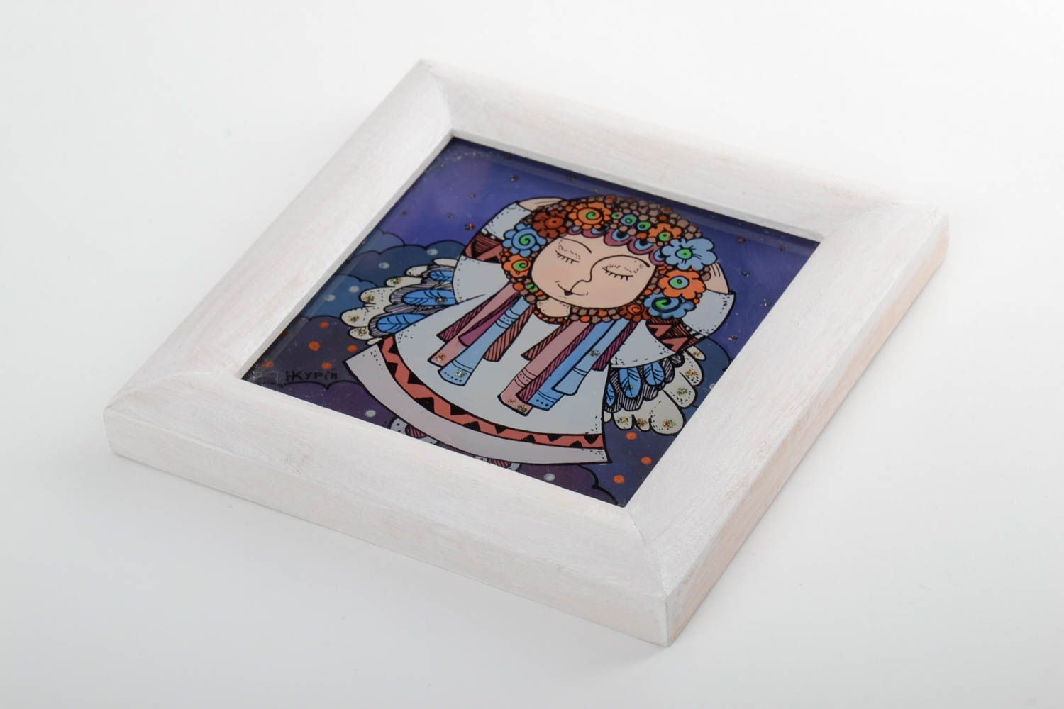 Jolie peinture ethnique avec ange faite main dans cadre aux couleurs à l'huile photo 2