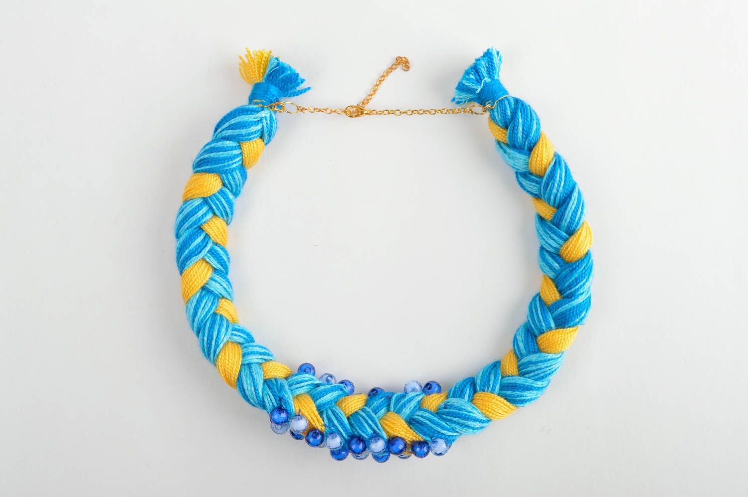 Колье коса украшение на шею ручной работы модная бижутерия голубое с желтым фото 3
